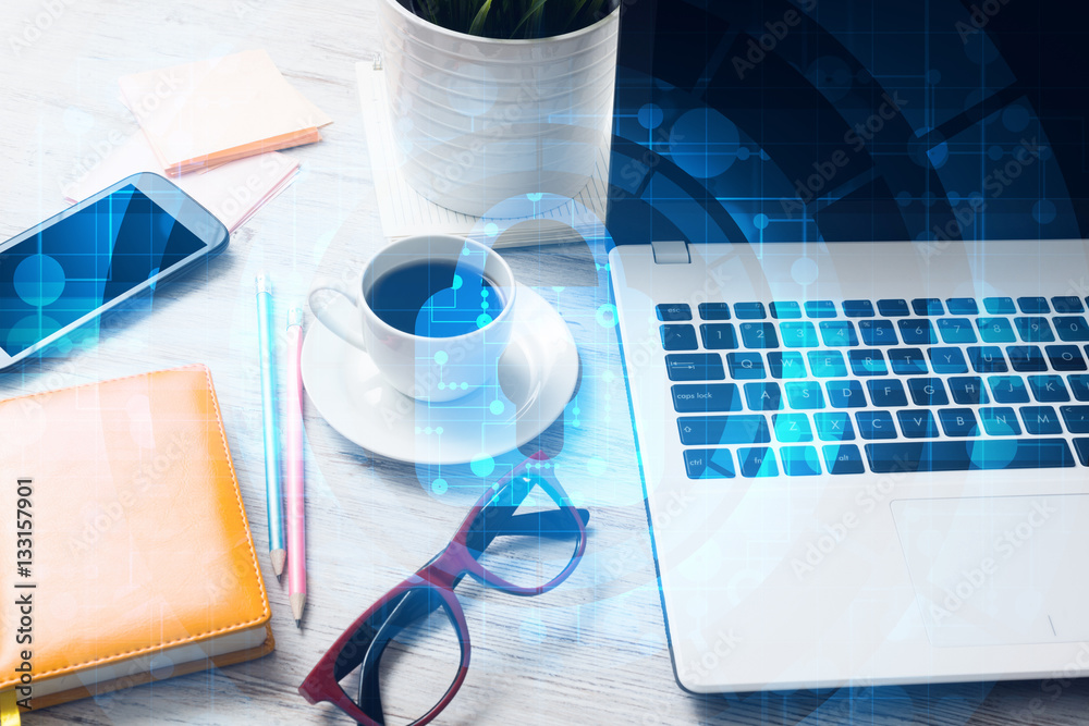 Business workplace with laptop coffee cup and security concept on screen Business workplace with laptop coffee cup and security concept on screen