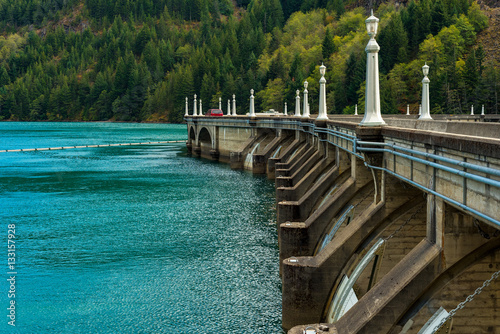 Partial view of the roadway on top of Diablo Dam in North Cascades National Park, Washington