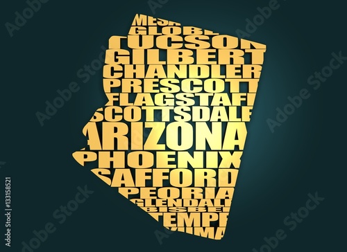 Word cloud map of Arizona state. Cities list collage. Golden material. 3D rendering