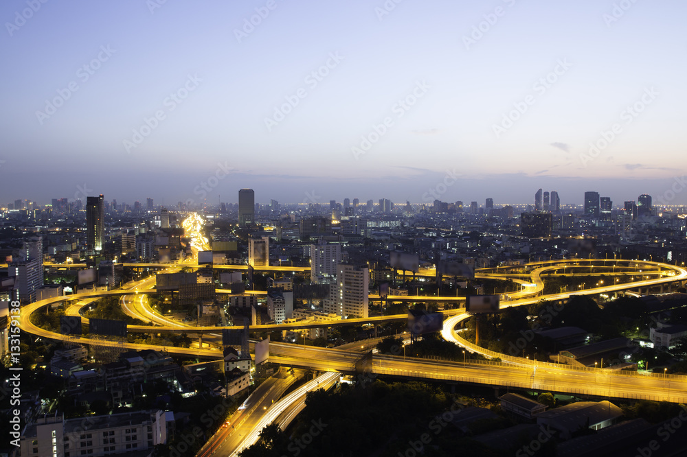 Bangkok Expressway and Highway top view at dusk, Thailand