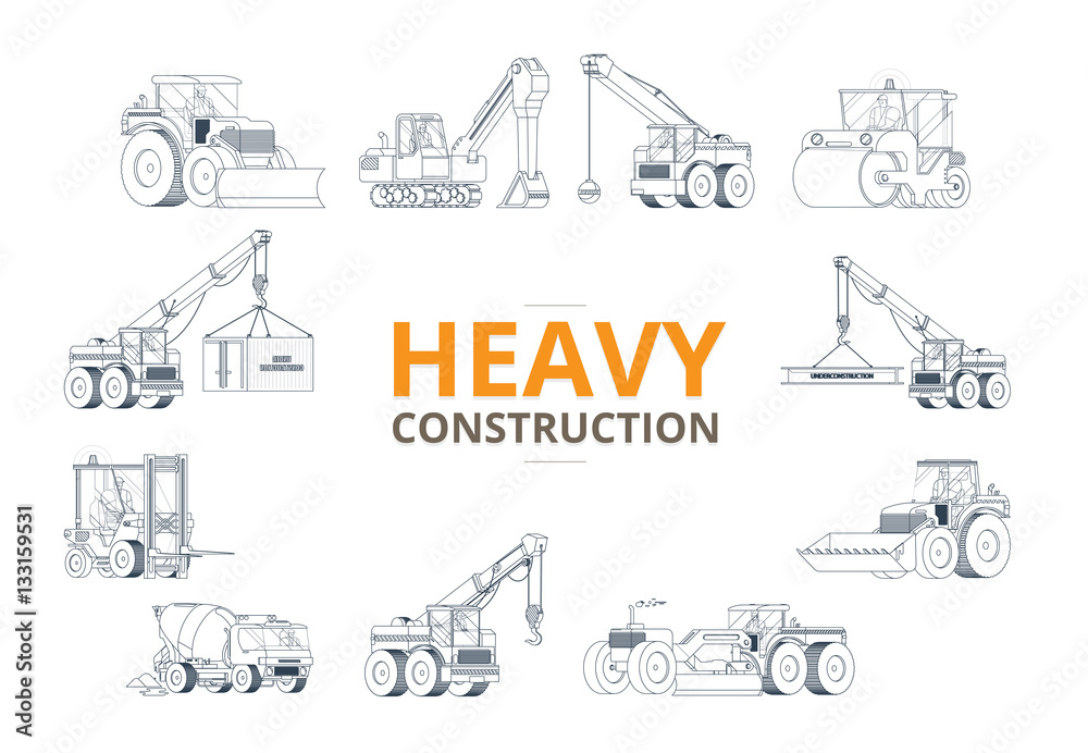 Obraz premium Heavy construction machine background. vector machinery set.
