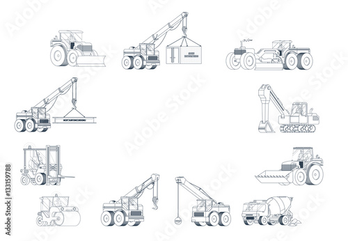 Heavy construction machine background. vector machinery set.