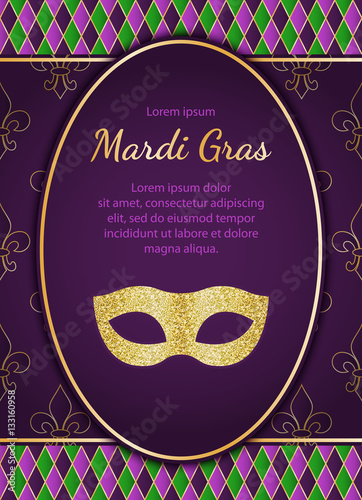 Mardi Gras holiday background. Golden glitter textured mask. Vector greeting card or poster designe template EPS10.