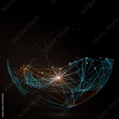 Dotted lines connected to the abstract graphics, network connections.