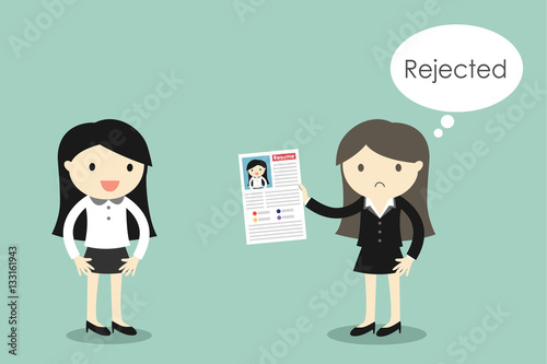 Business concept, Business woman expect for job but boss thinking about reject her resume. Vector illustration.