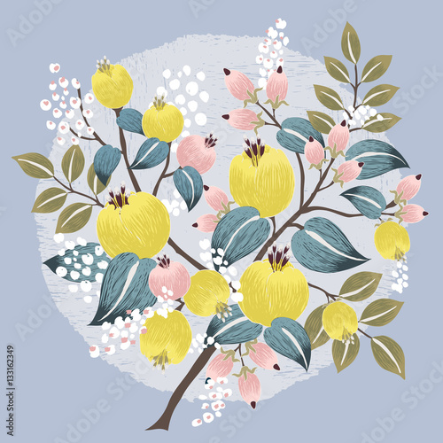   Vector illustration of a beautiful floral bouquet with spring flowers. Yellow and baby pink flowers. 