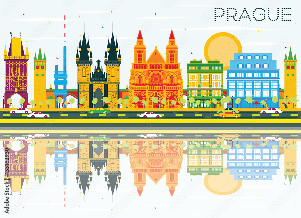 Prague Skyline with Color Buildings, Blue Sky and Reflections.