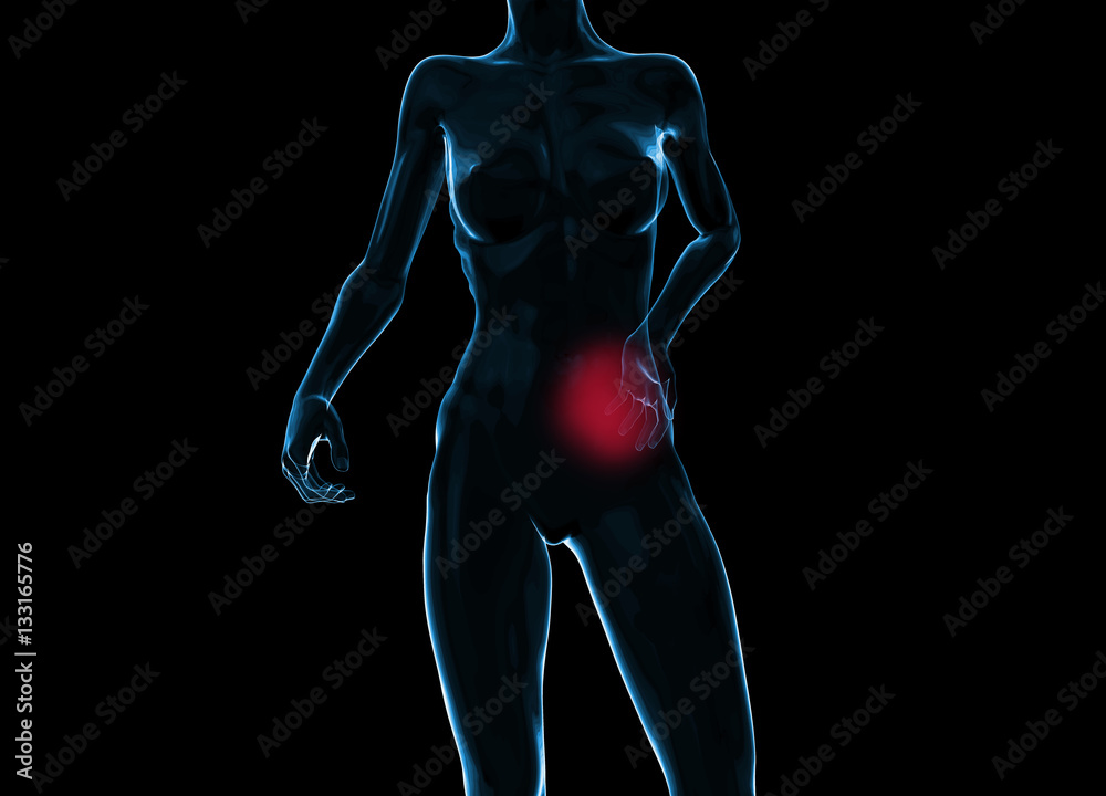 Female woman torso made of glass or bubble, pain in the back isolated on black background. 3d rendered medical illustration Female woman torso made of glass or bubble, pain in the back isolated on black background. 3d rendered medical illustration