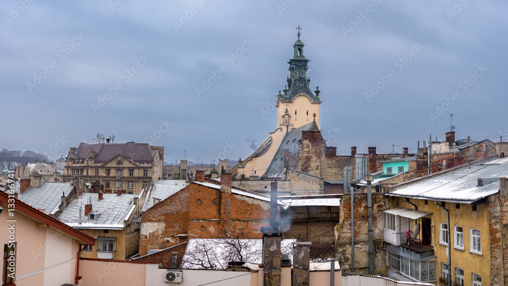 Winter panorama - landscape of old town with red roof