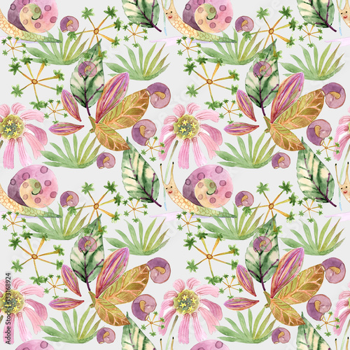 Wallpaper Mural a set of drawings, snail, dragonfly, flowers, leaves, watercolor Torontodigital.ca