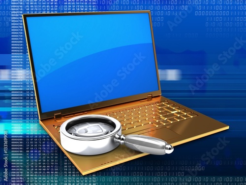 3d illustration of golden computer over digital background with blue reflection screen and magnify flass photo