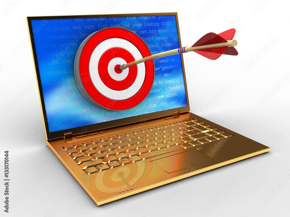 3d illustration of golden computer over white background with internet screen and target 3d illustration of golden computer over white background with internet screen and target