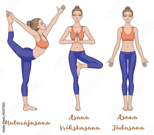 Women silhouette. Lord of the dance yoga pose. Natarajasana.  mountain . Tadasana. tree . Vrikshasana