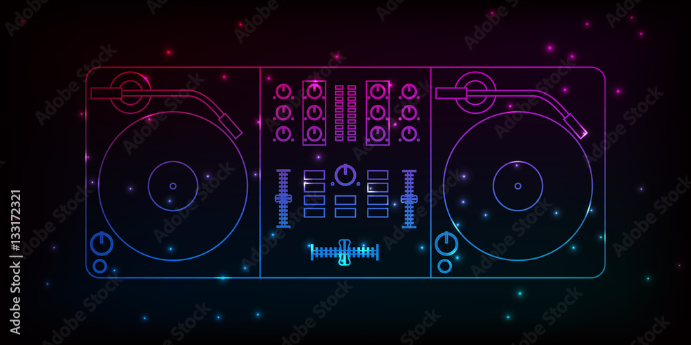 Dj mixer. Neon design with particles for your party flyer