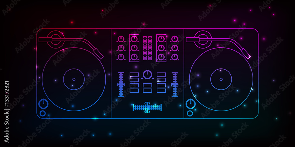 Fototapeta premium Dj mixer. Neon design with particles for your party flyer