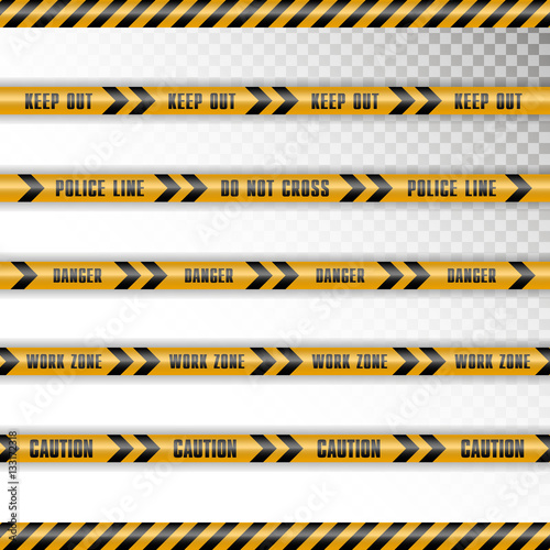 Vector set of 5 caution tapes with shadow on transparent background. Keep out, police line, do not cross, danger, work zone, caution with black arrows.