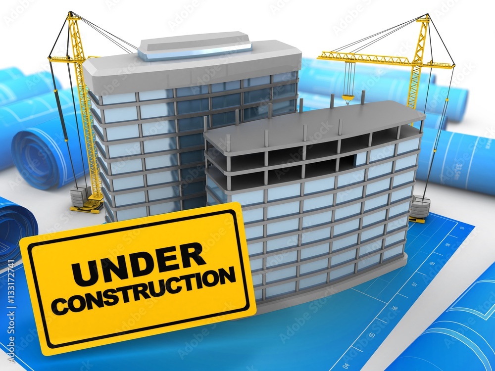 3d illustration of modern buildings over blueprints background with cranes 3d illustration of modern buildings over blueprints background with cranes