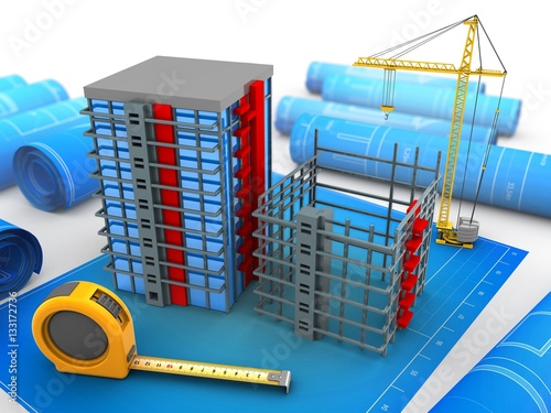 3d illustration of building over blueprints background with crane photo