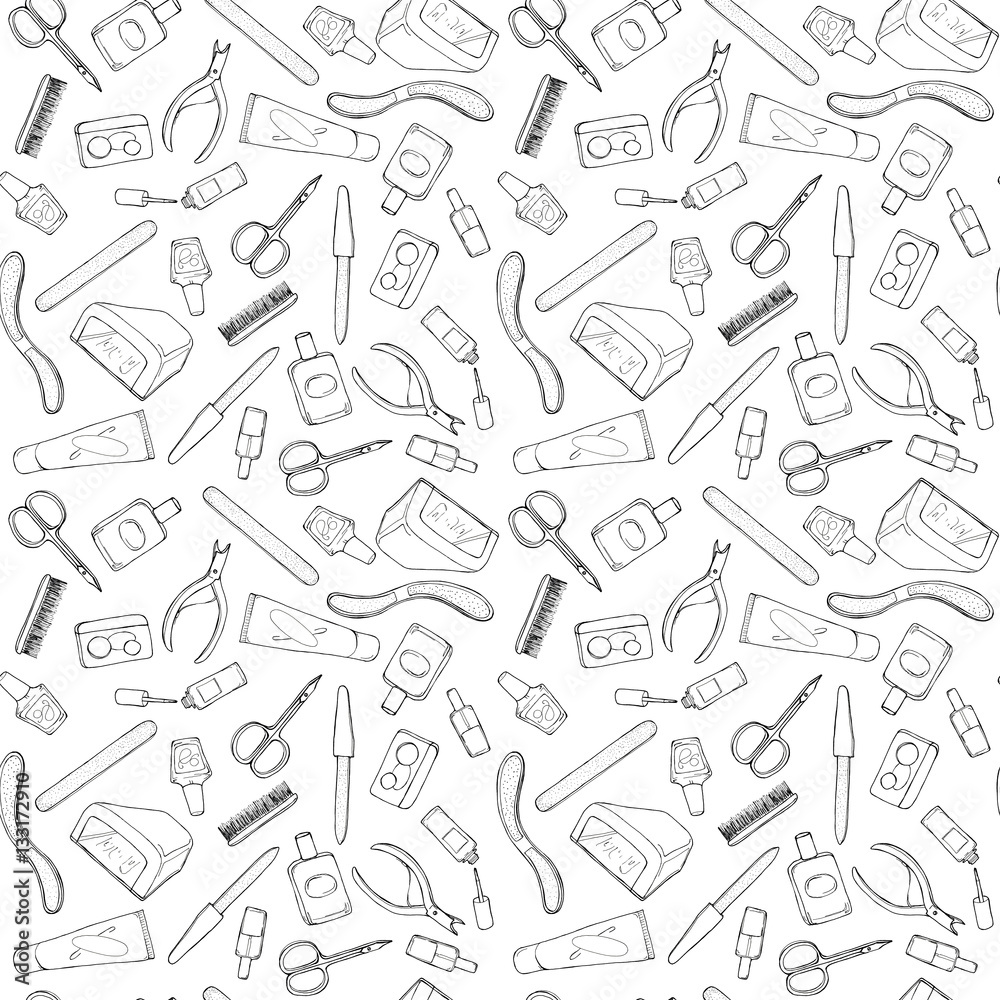 Hand drawn sketch illustration of professional manicure set with nail scissors, nail file, nail polish, cream, LED or UV lamp, Cuticle Nippers seamless pattern background on abstract. Coloring book