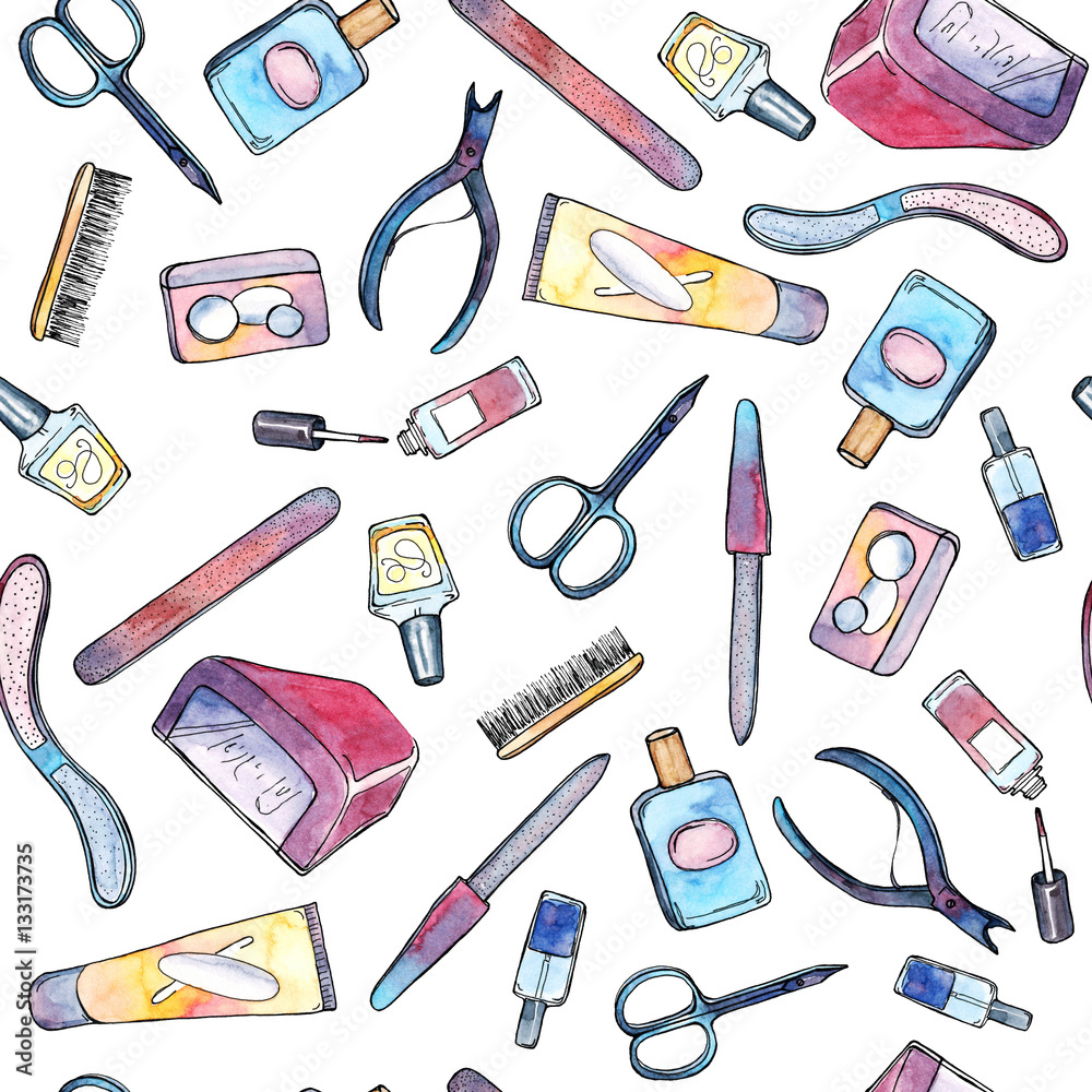 Watercolor hand drawn sketch illustration of professional manicure set with nail scissors, nail file, nail polish, cream, LED or UV lamp, Cuticle Nippers seamless pattern background