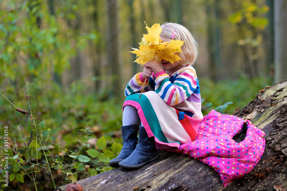 Happy little girl enjoying autumn outdoors. Cute kid playing in beautiful forest on warm sunny fall day.