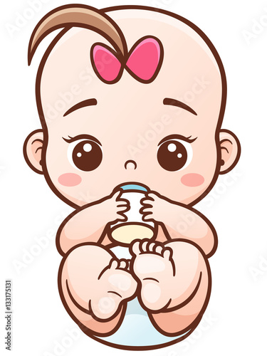 Vector Illustration of Cartoon baby holding a milk bottle.Baby infant eating milk