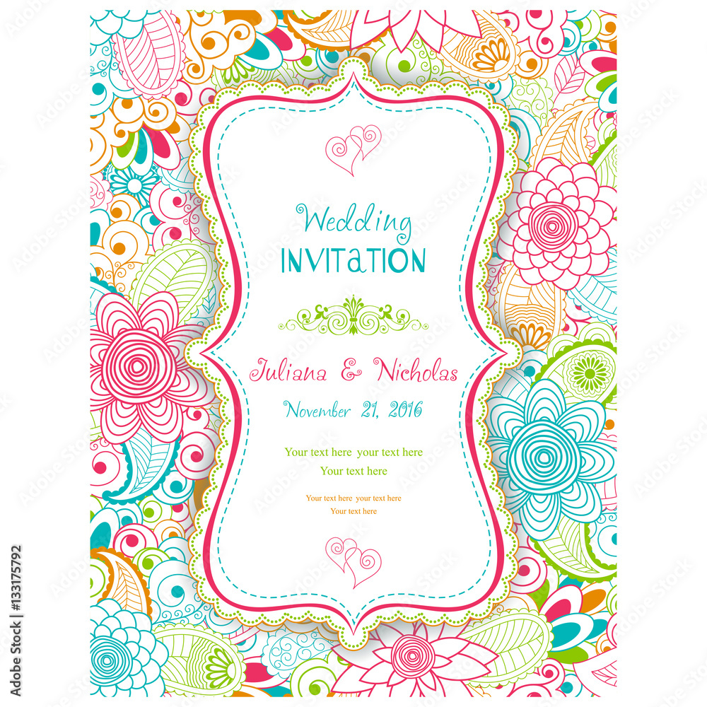 Wedding invitation card ethnic style. Summer pattern of flowers and leaves. Wedding invitation card ethnic style. Summer pattern of flowers and leaves.