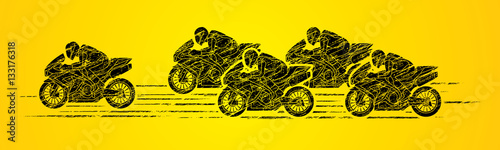 5 Motorcycles racing side view designed using grunge brush graphic vector.