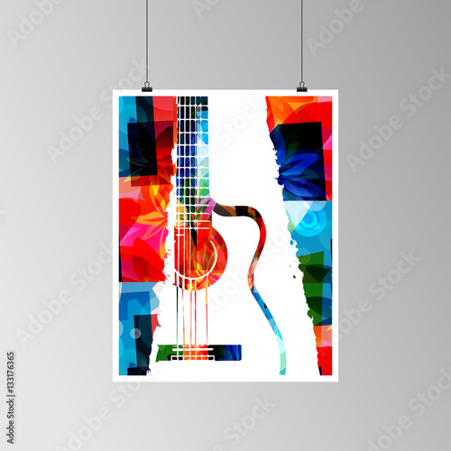 Colorful acoustic guitar vector illustration. Music instrument background. Design for poster, brochure, invitation, banner, flyer, concert and festival