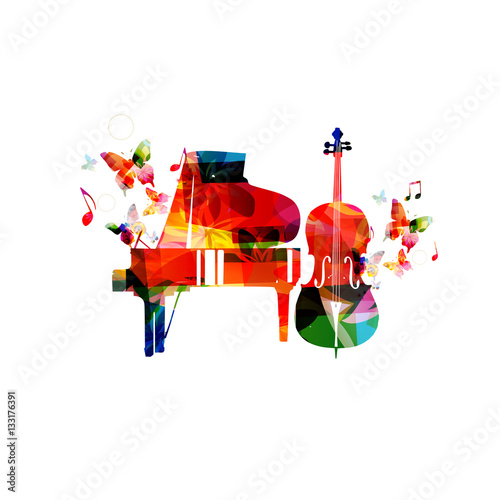 Colorful piano and violoncello vector illustration. Music instruments background. Design for poster, brochure, invitation, banner, flyer, concert and festival