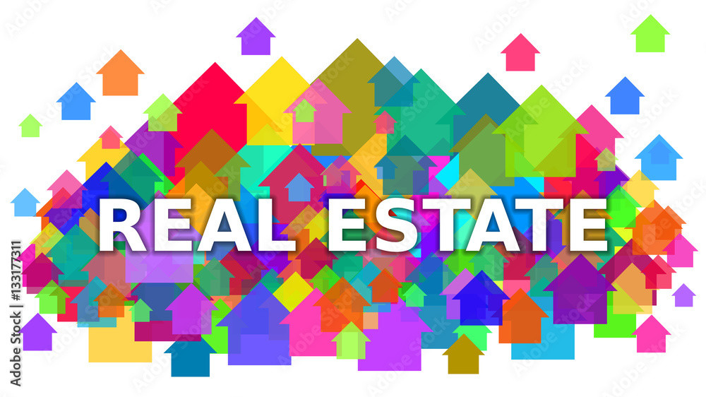 Real Estate White Text on Colorful Houses Symbol Background