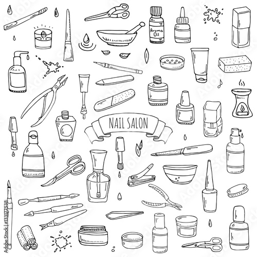 Hand drawn doodle Nail salon icons set. Vector illustration. Manicure accessories collection. Cartoon various sketch pedicure tools elements: polish, bottle, brush, varnish, scissors, lotion, cream