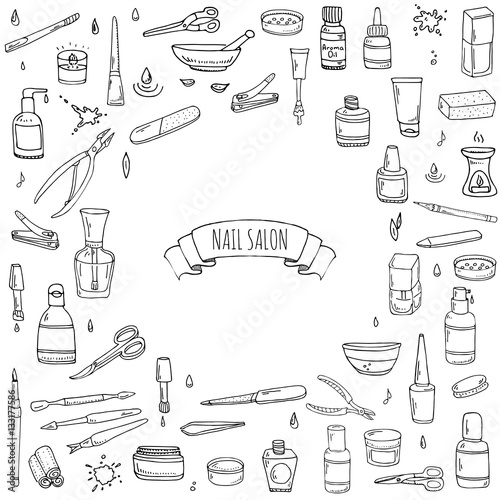 Hand drawn doodle Nail salon icons set. Vector illustration. Manicure accessories collection. Cartoon various sketch pedicure tools elements: polish, bottle, brush, varnish, scissors, lotion, cream
