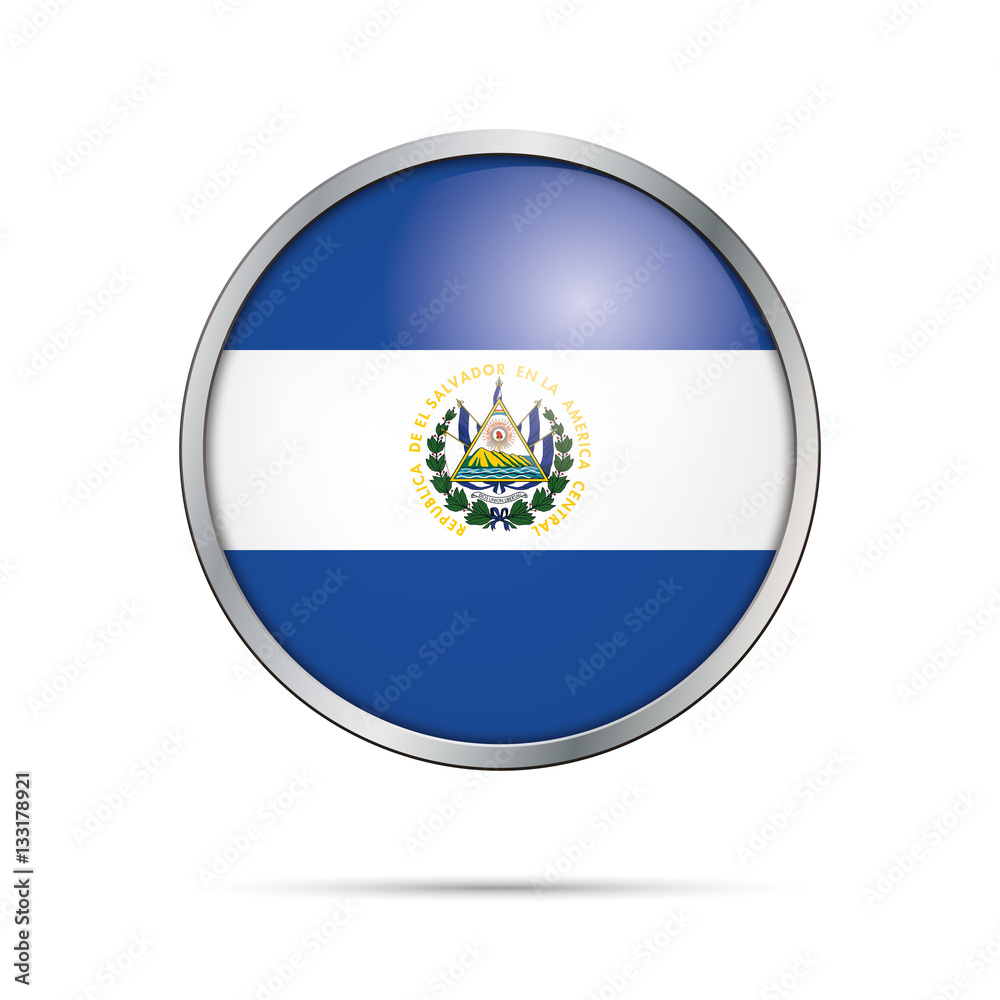 Obraz premium Vector Salvadorian flag Button. El Salvador flag in glass button style with metal frame