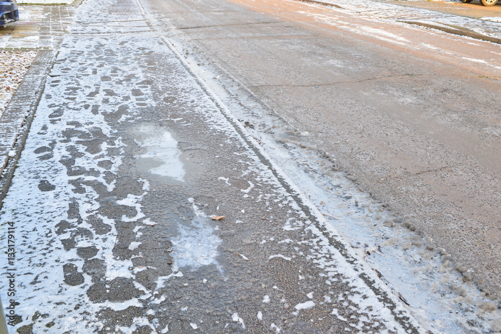 A frozen road and footpath in January in the uk.

