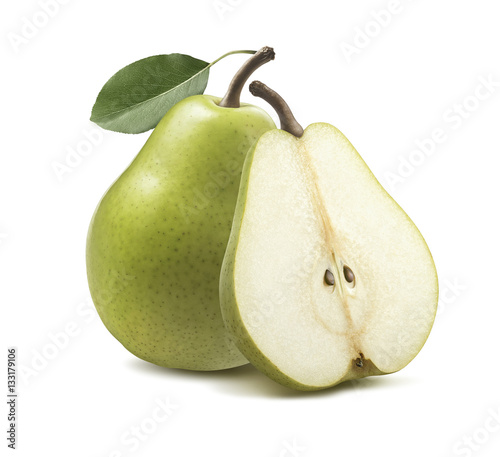 Fresh green pear half isolated on white background