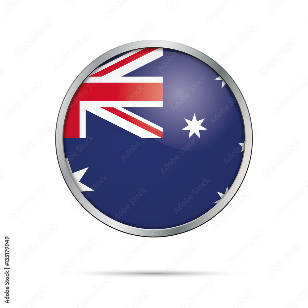 Vector Australian flag Button. Australia flag in glass button style with metal frame