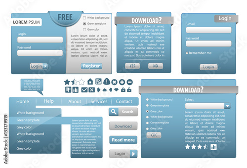 Web elements - vector template design - silver color with blue | Icons search button ratings login box dropdown menu options select box slider