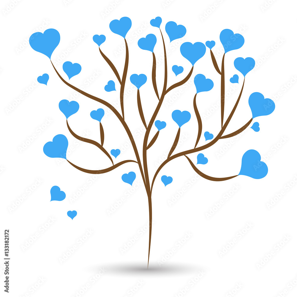 Love tree with blue heart leaves different sizes on white background. Vector illustration Love tree with blue heart leaves different sizes on white background. Vector illustration