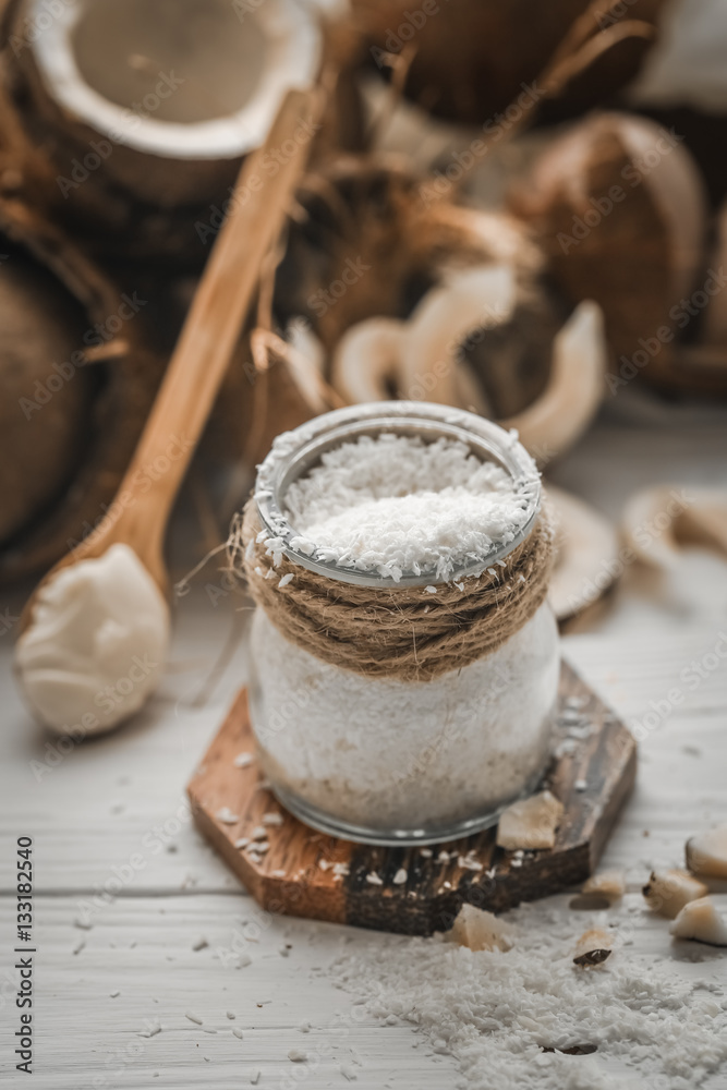 still life with coconut and flakes still life with coconut and flakes