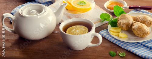 Tea with lemon, ginger, honey  and mint
