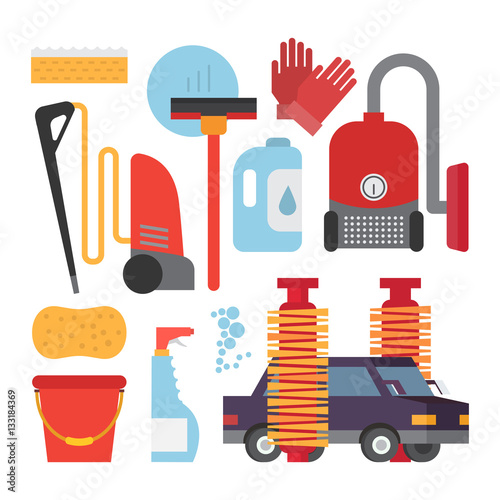 Automatic and hand carwash facilities. Cleaning equipment car washing set. Flat vector icons.