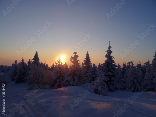 Colorful landscape at the winter sunrise in the mountain forest. Winter view from Jested © martin_luminar