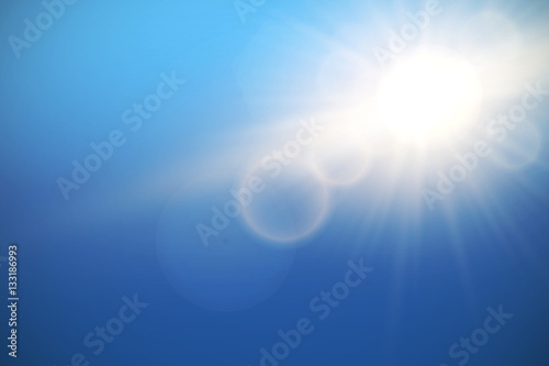 Sun with lens flare on blue sky, vector.