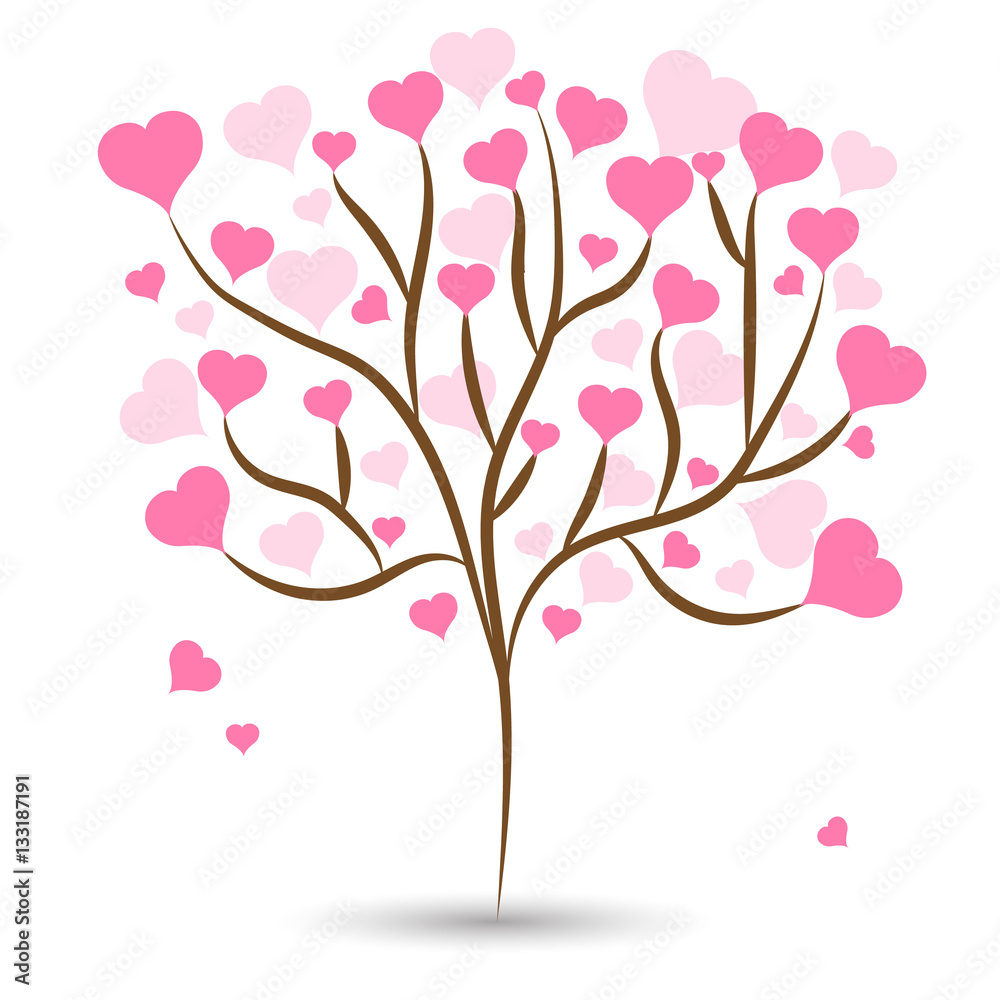 Beautiful love tree with pink heart leaves different sizes on white background. Vector illustration Beautiful love tree with pink heart leaves different sizes on white background. Vector illustration