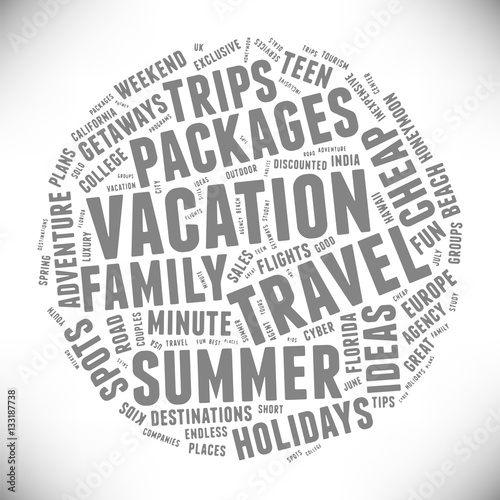     Summer travel. Cloud of words on the theme of vacation, travel, weekend. Set of words in form of a circle. Gray background. Design elements for travel agencies and travelers.
