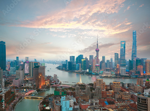 Aerial photography at Shanghai bund Skyline of sunrise