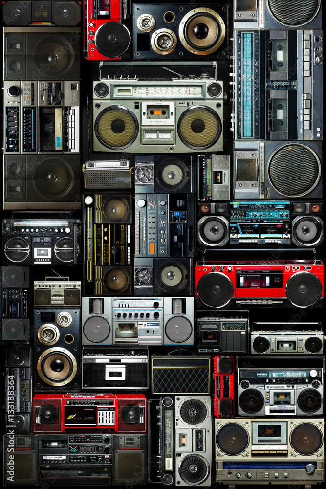 Vintage wall full of radio boombox of the 80s Stock Photo | Adobe Stock