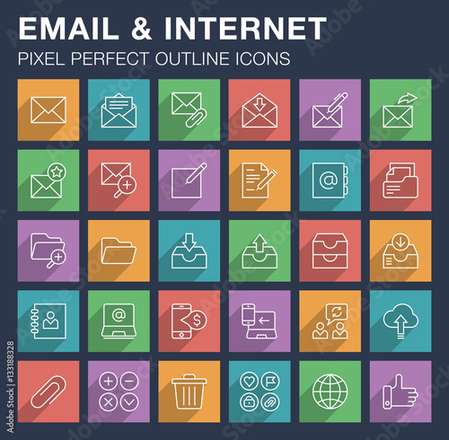 Set of pixel perfect outline email and internet icons with long shadow. Editable stroke.