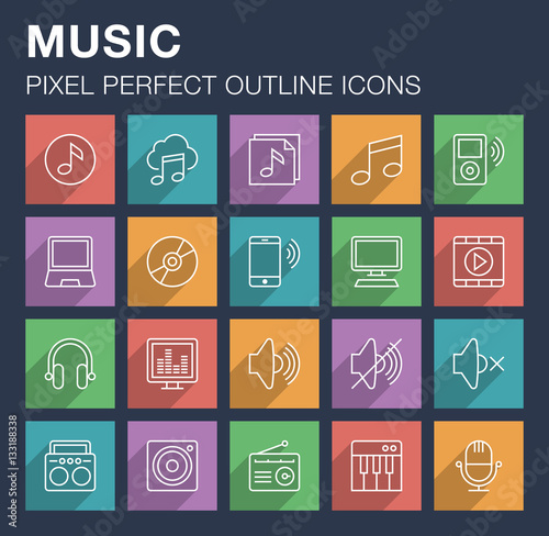 Set of pixel perfect outline music icons with long shadow. Editable stroke.